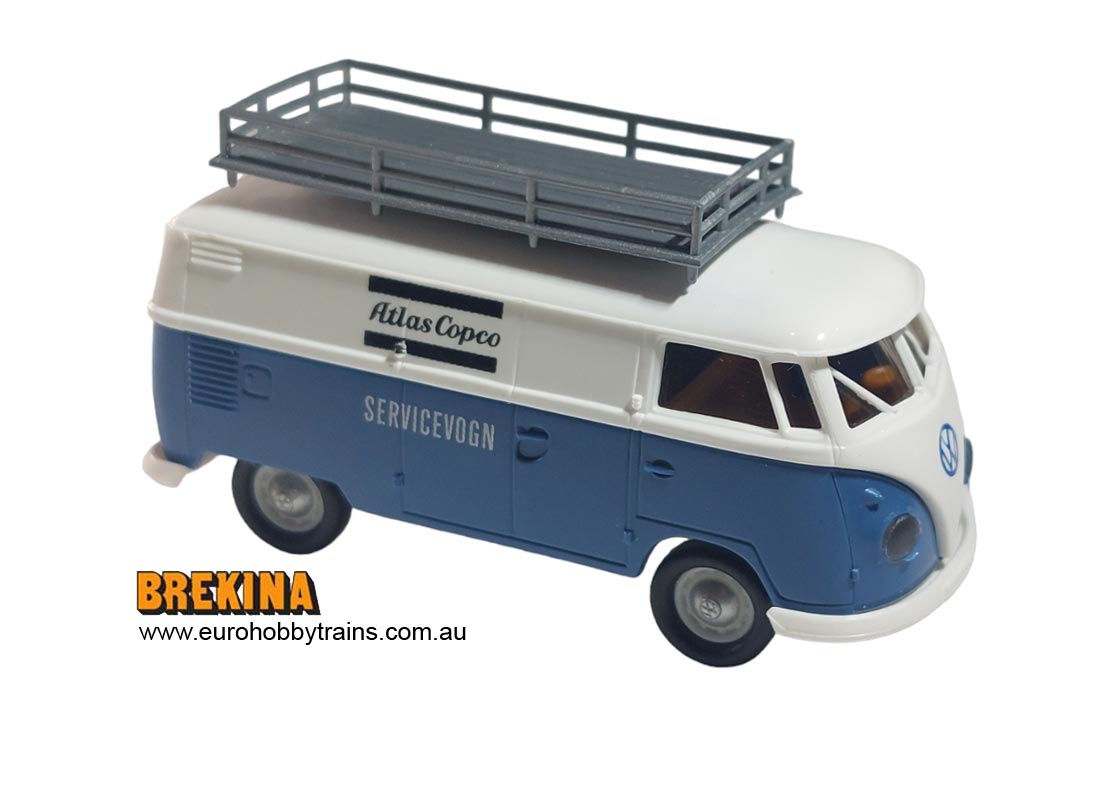 BREKINA 1:87 VW T1b with roof rack basket 1960 "Atlas Copco" white/blue - item 32755