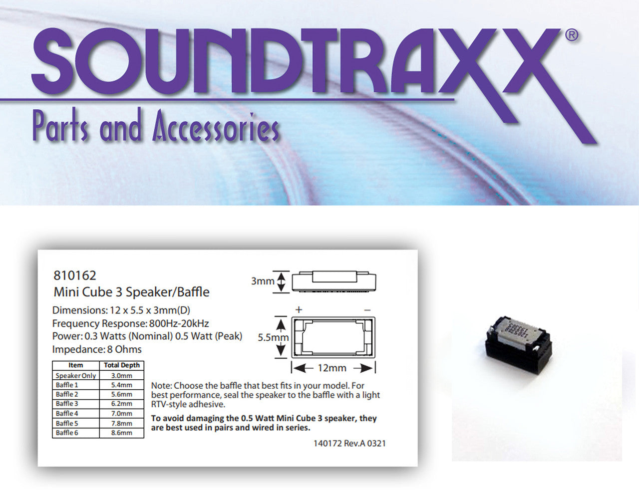 SOUNDTRAXX 12x5.5x3mm Mini Cube 3 Oval Speaker/Baffle Kit - item 810162