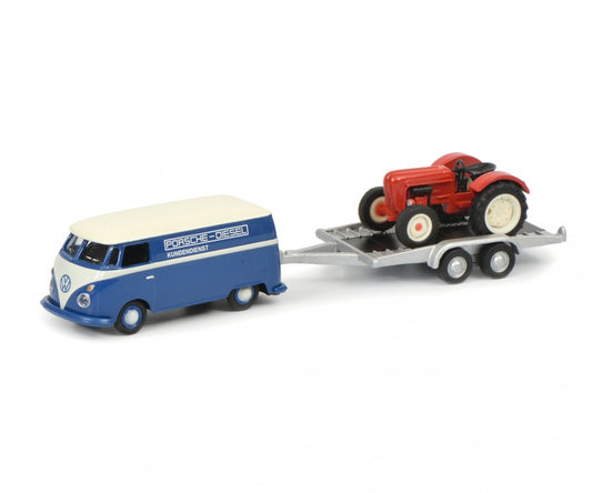 SCHUCO VW T1c van with trailer and Porsche tractor 1:87 scale - item 452632800