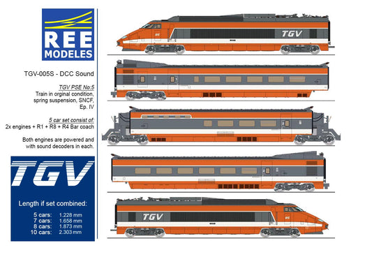REE MODELES 1:87 TGV PSE Original Train No. 5 SNCF Ep. IV. 5 CARS SET - Item TGV-005-S