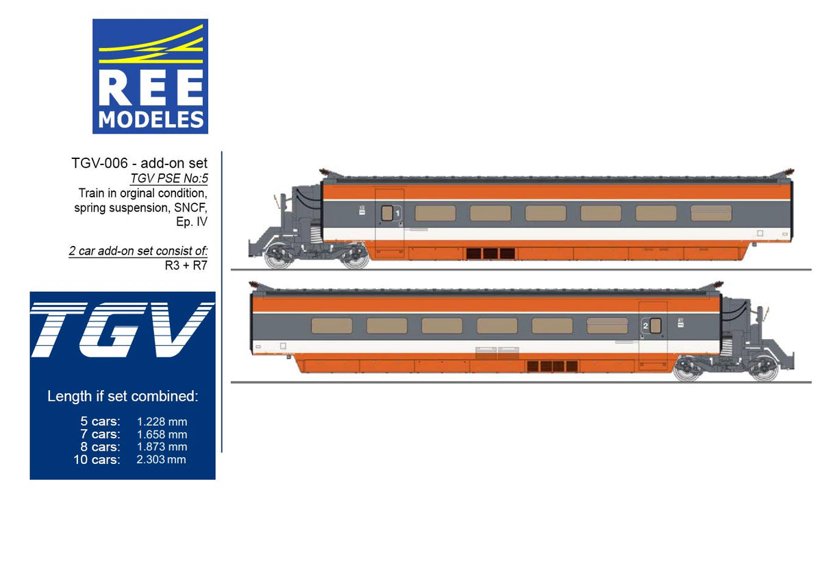 REE MODELES 1:87 TGV PSE Original Train No. 5 SNCF Ep. IV. 2 car add-on carriages - Item TGV-007