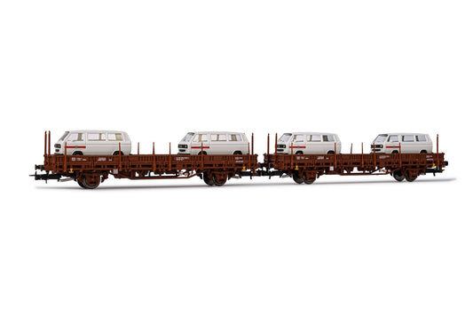 RIVAROSSI 1:87 - 2 cars flat wagon set with 4 vans - item HR6458
